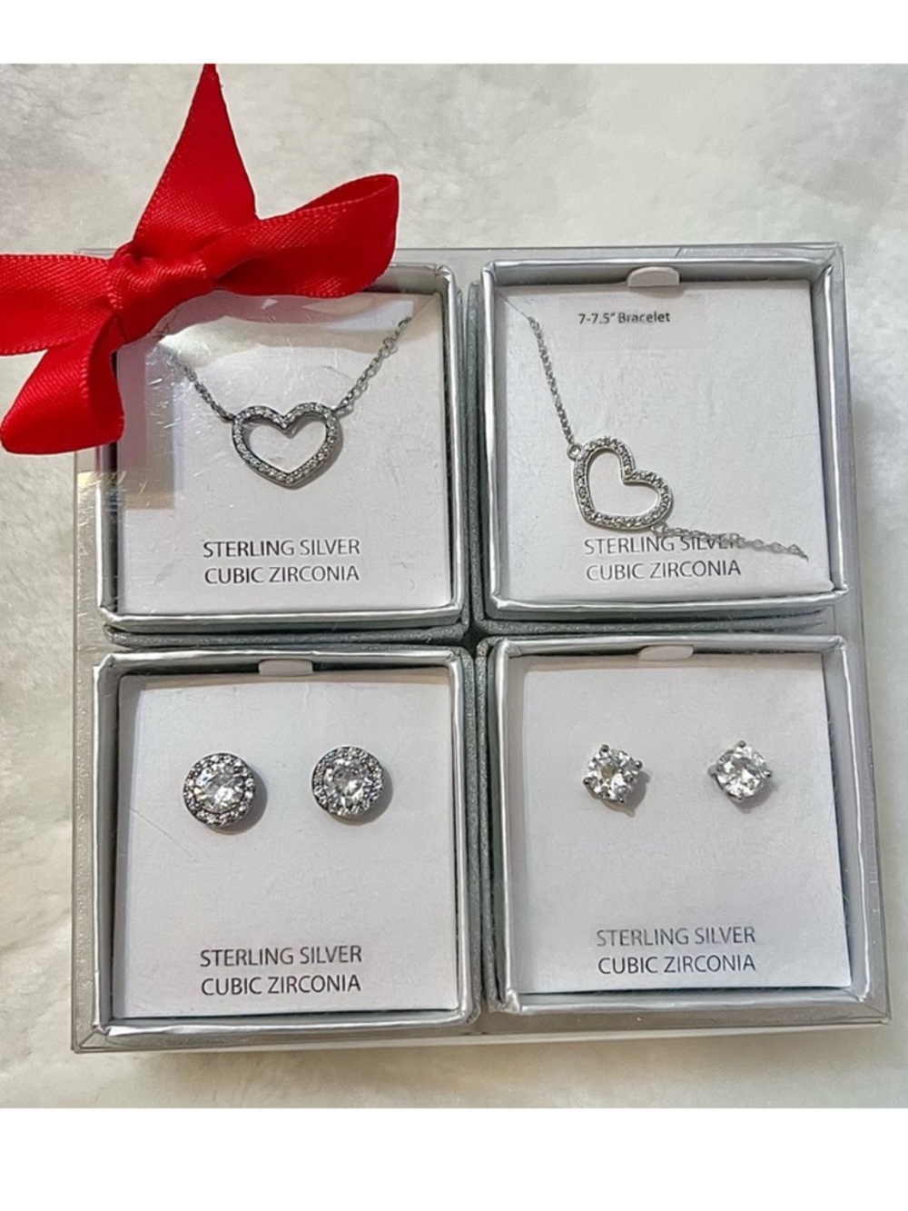 Sterling Silver Heart Necklace, Bracelet and Stud Earrings Set NWT